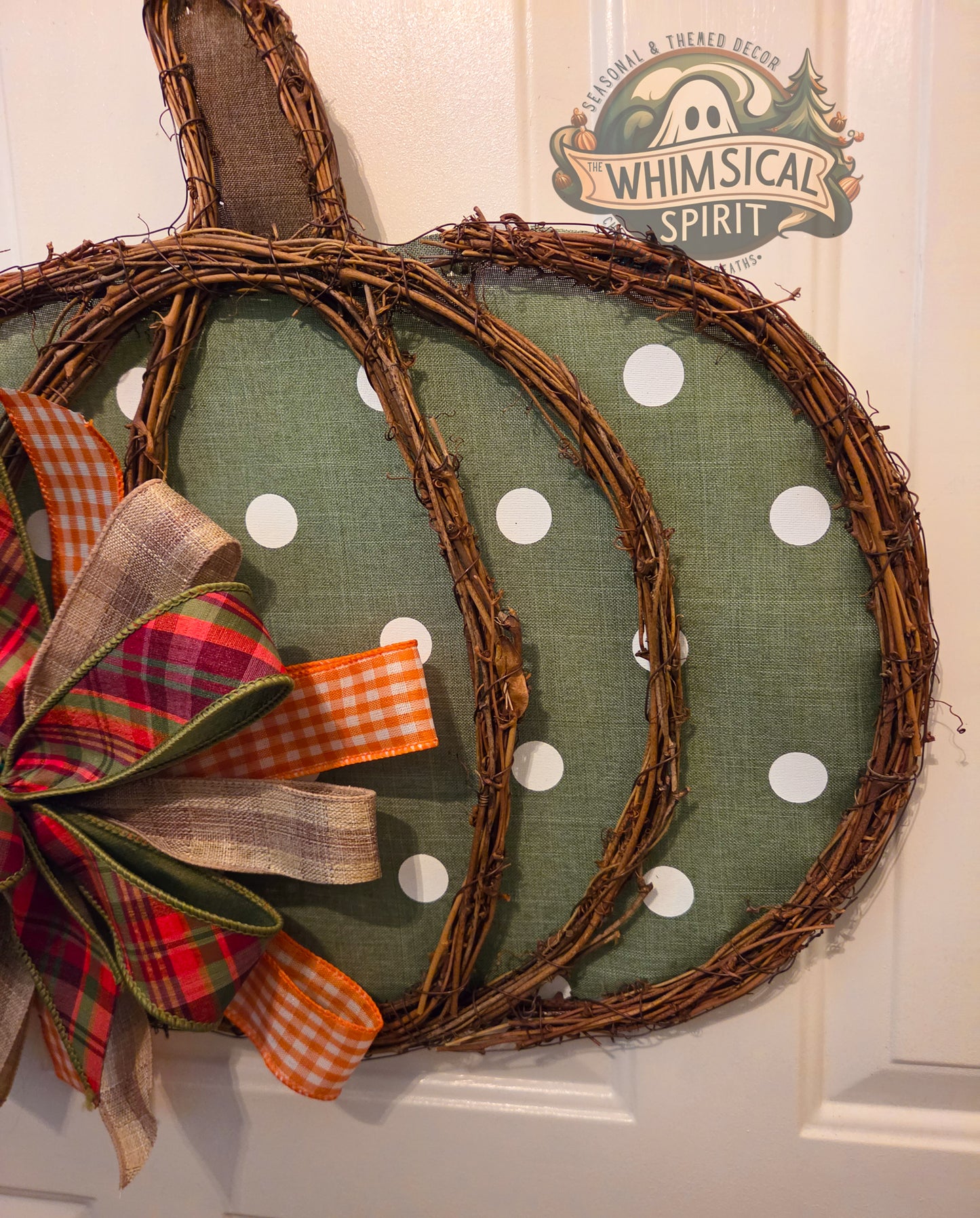 Sage Pumpkin Patch | Green Pumpkin Door Hanger with Bow for Fall Porch Decor
