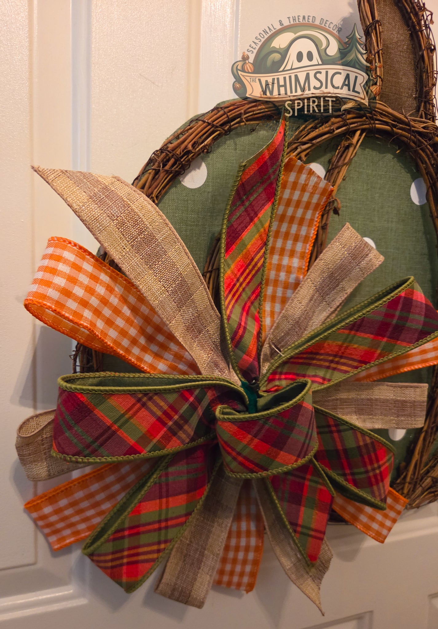 Sage Pumpkin Patch | Green Pumpkin Door Hanger with Bow for Fall Porch Decor
