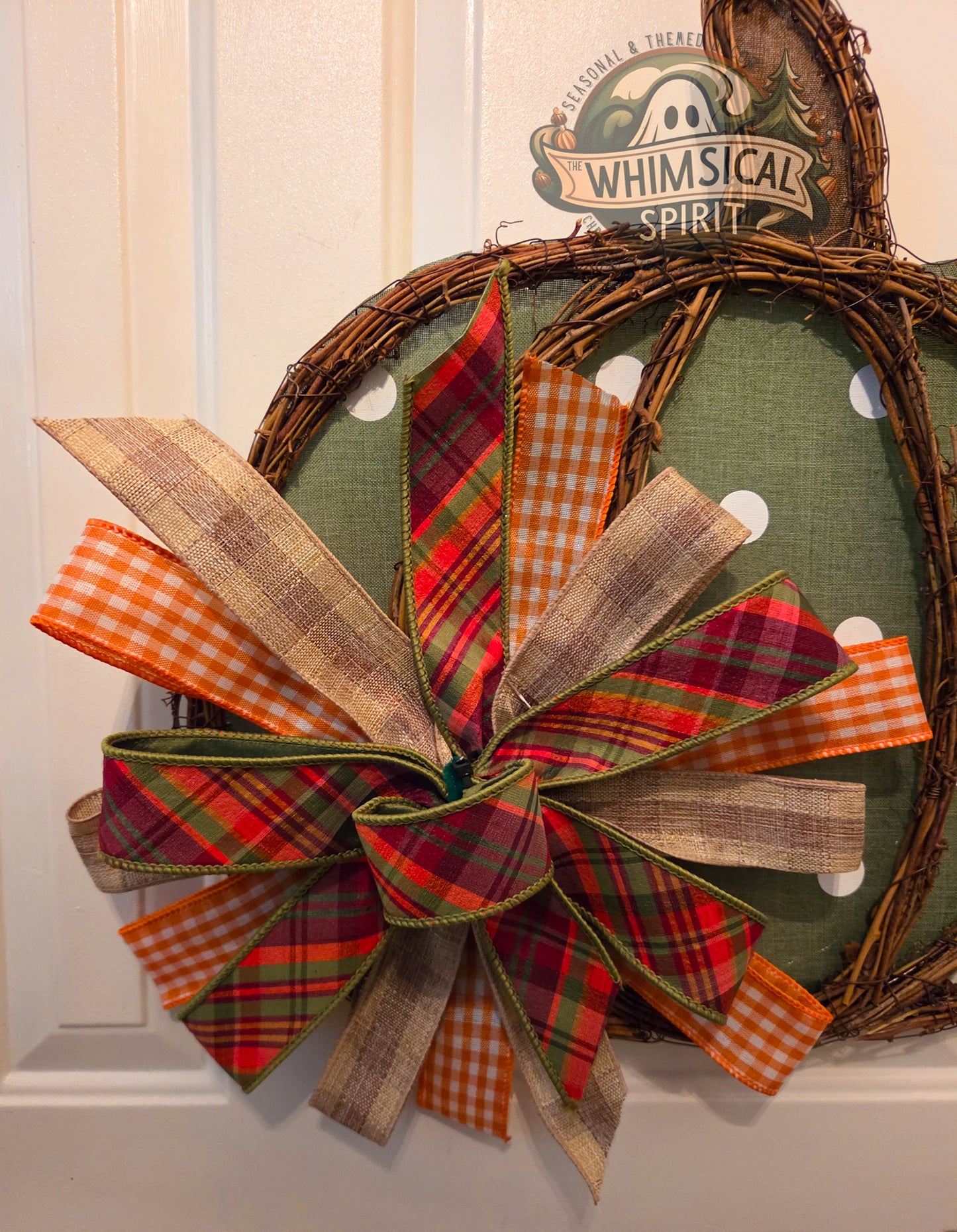 Sage Pumpkin Patch | Green Pumpkin Door Hanger with Bow for Fall Porch Decor