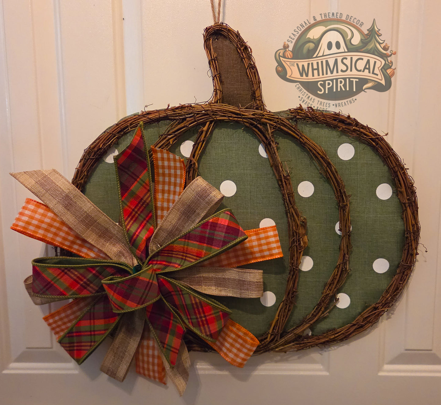 Sage Pumpkin Patch | Green Pumpkin Door Hanger with Bow for Fall Porch Decor