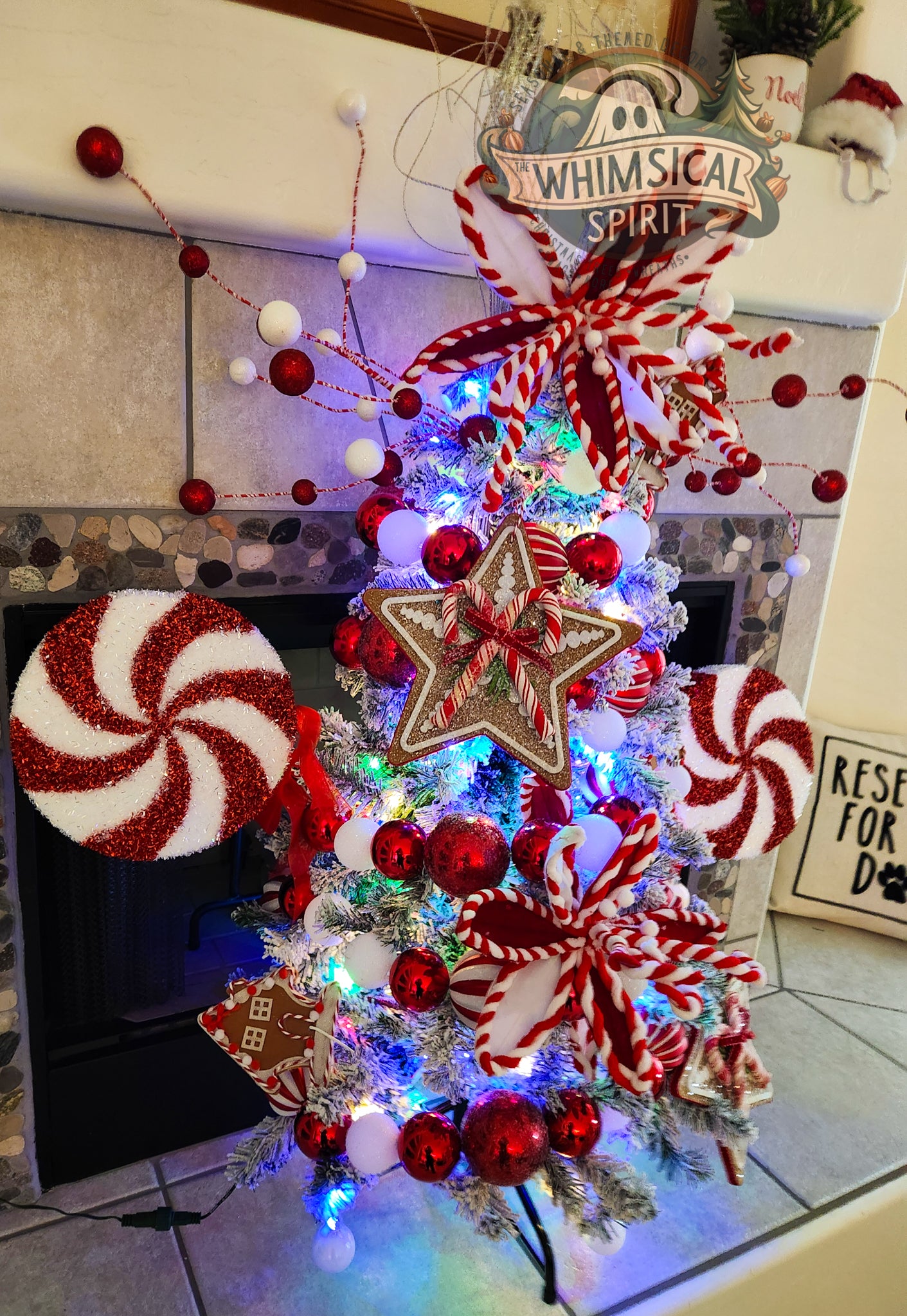 Custom peppermint-themed Christmas tree with red and white ornaments, oversized candy accents, gingerbread details, colorful lights, and festive ribbon.