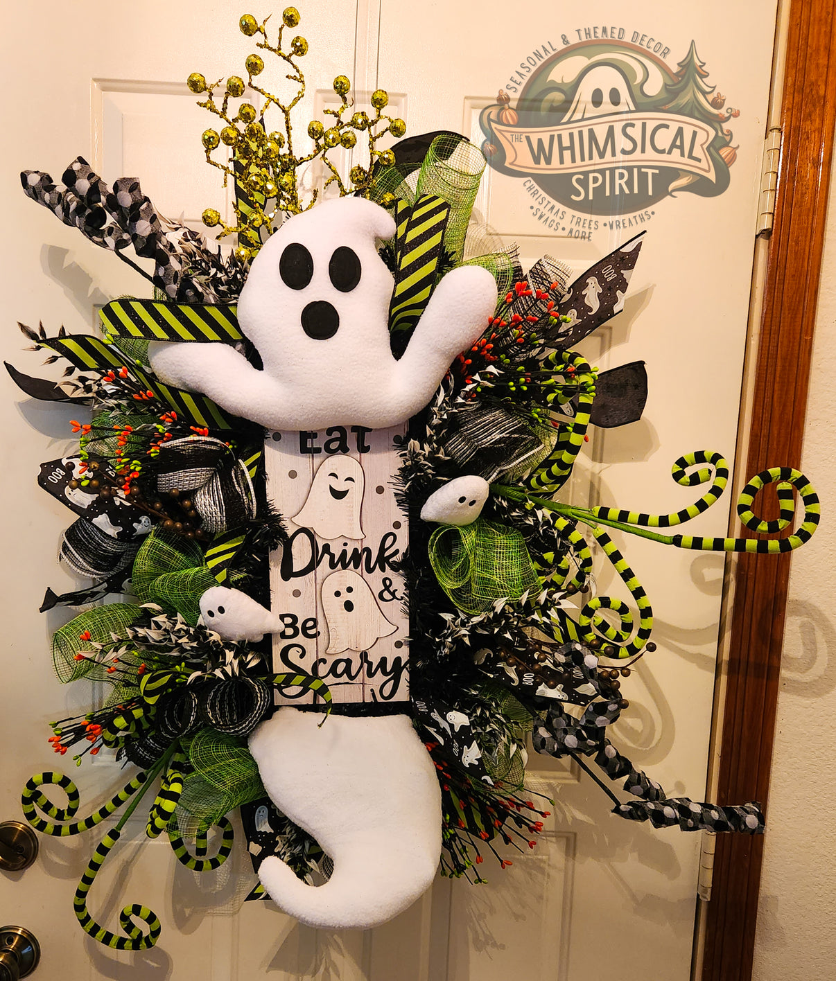 Spirited Soirée - Halloween Ghost Welcome Evergreen Wreath The Whimsical Spirit
