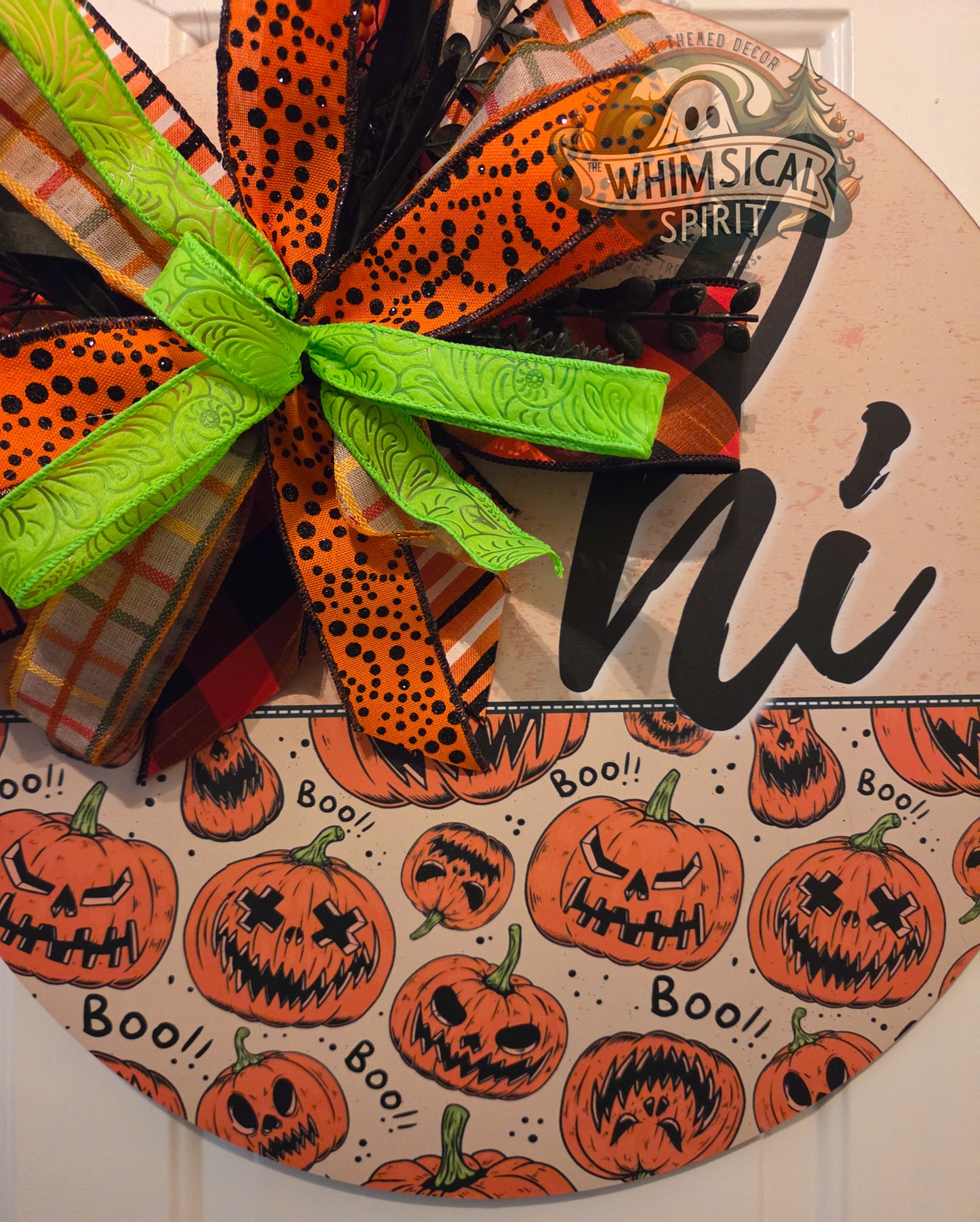 Spooky Pumpkin Parade | Jack-O’-Lantern Halloween Door Hanger with Bow