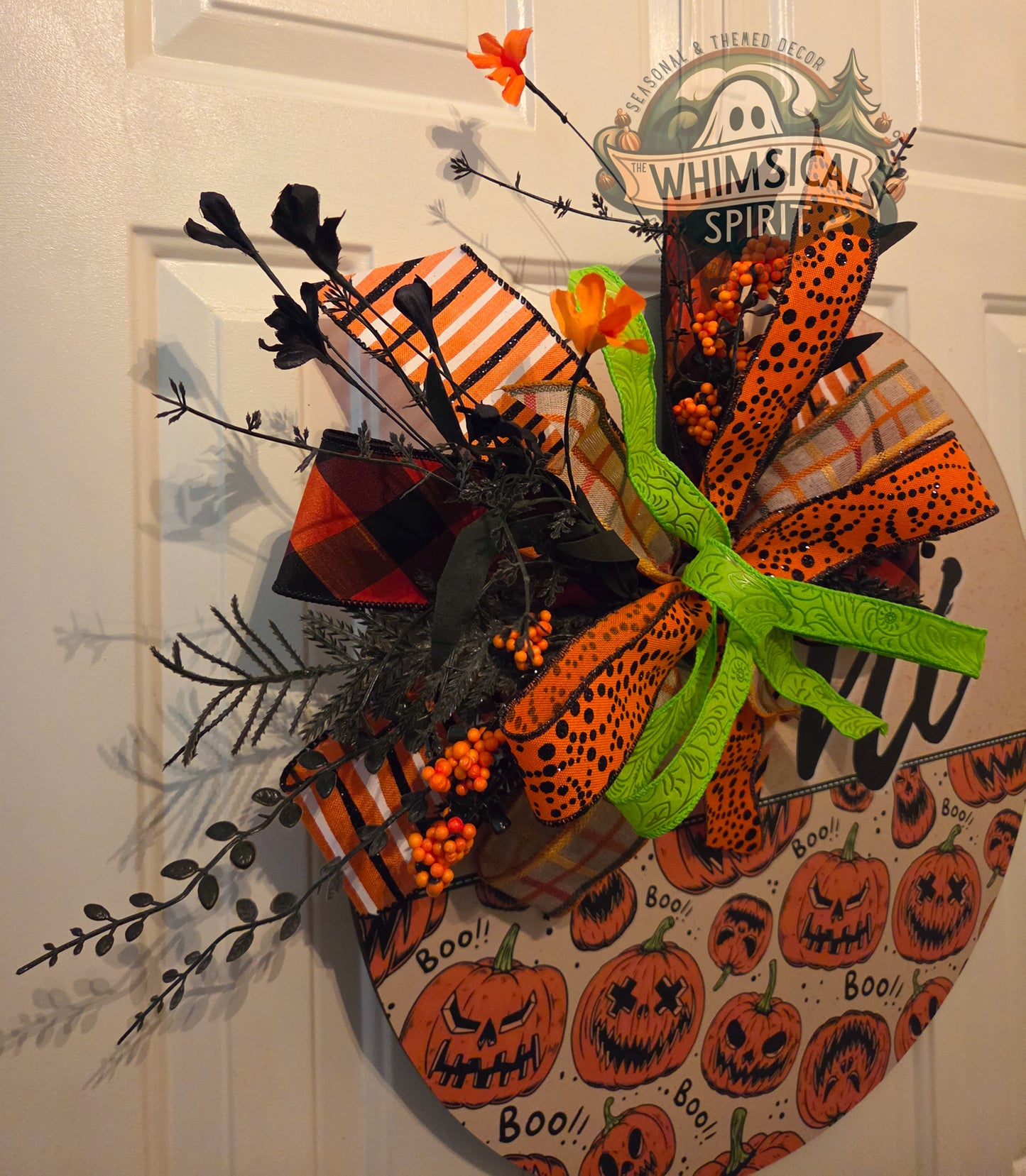 Spooky Pumpkin Parade | Jack-O’-Lantern Halloween Door Hanger with Bow