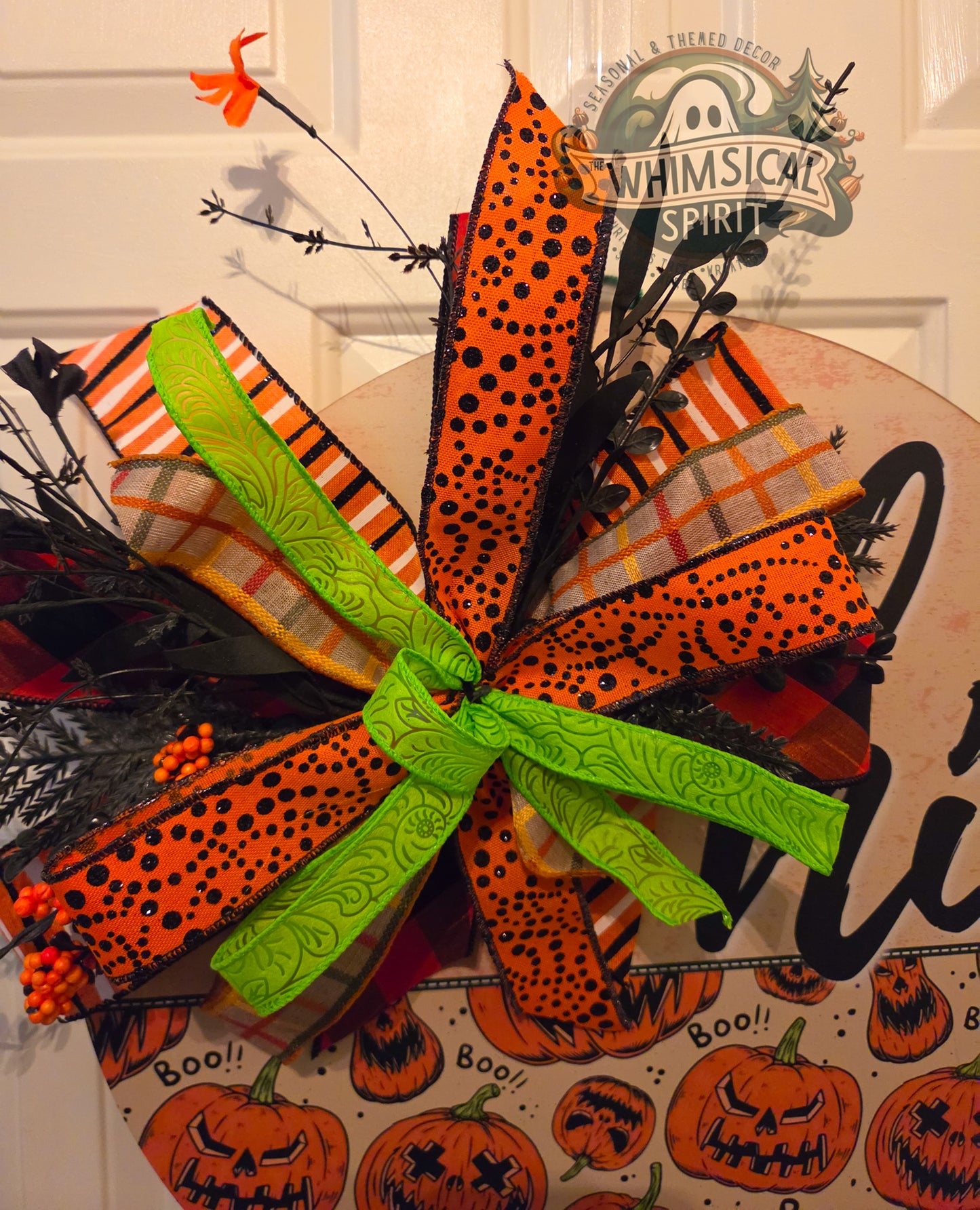 Spooky Pumpkin Parade | Jack-O’-Lantern Halloween Door Hanger with Bow