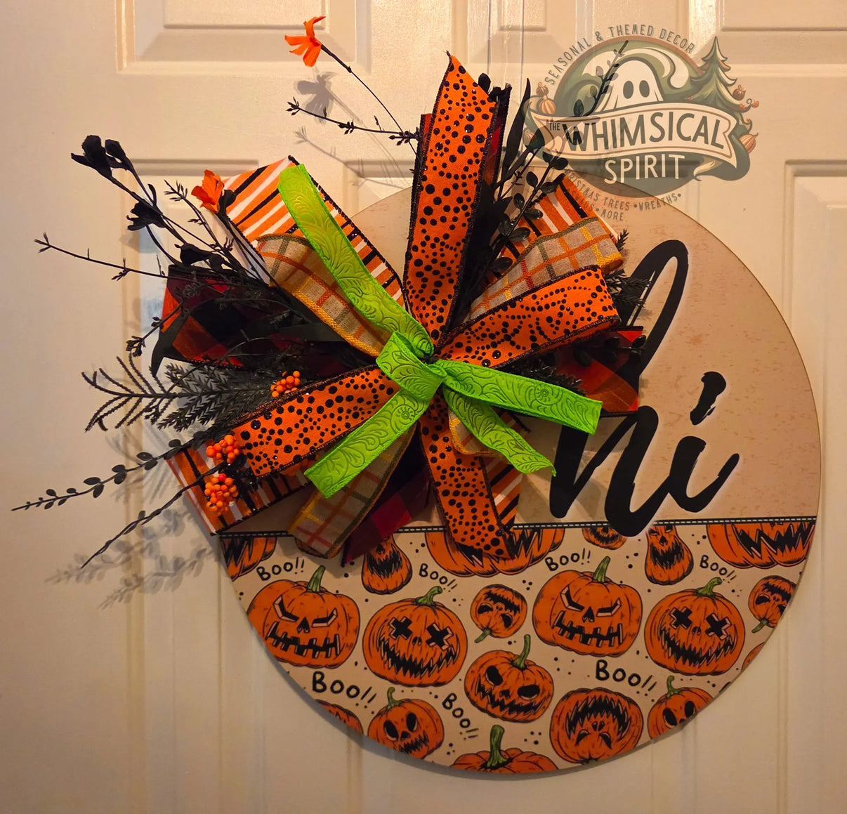 Spooky Pumpkin Parade | Jack-O’-Lantern Halloween Door Hanger with Bow The Whimsical Spirit