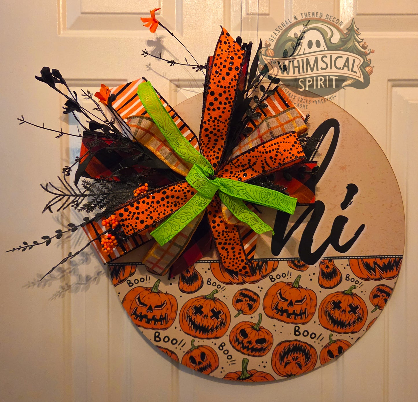 Spooky Pumpkin Parade | Jack-O’-Lantern Halloween Door Hanger with Bow