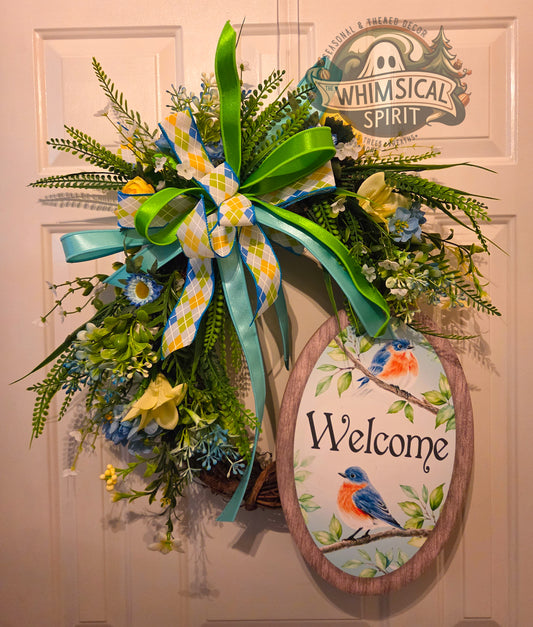 Spring Songbird Entry - Welcome Bluebird Grapevine Wreath