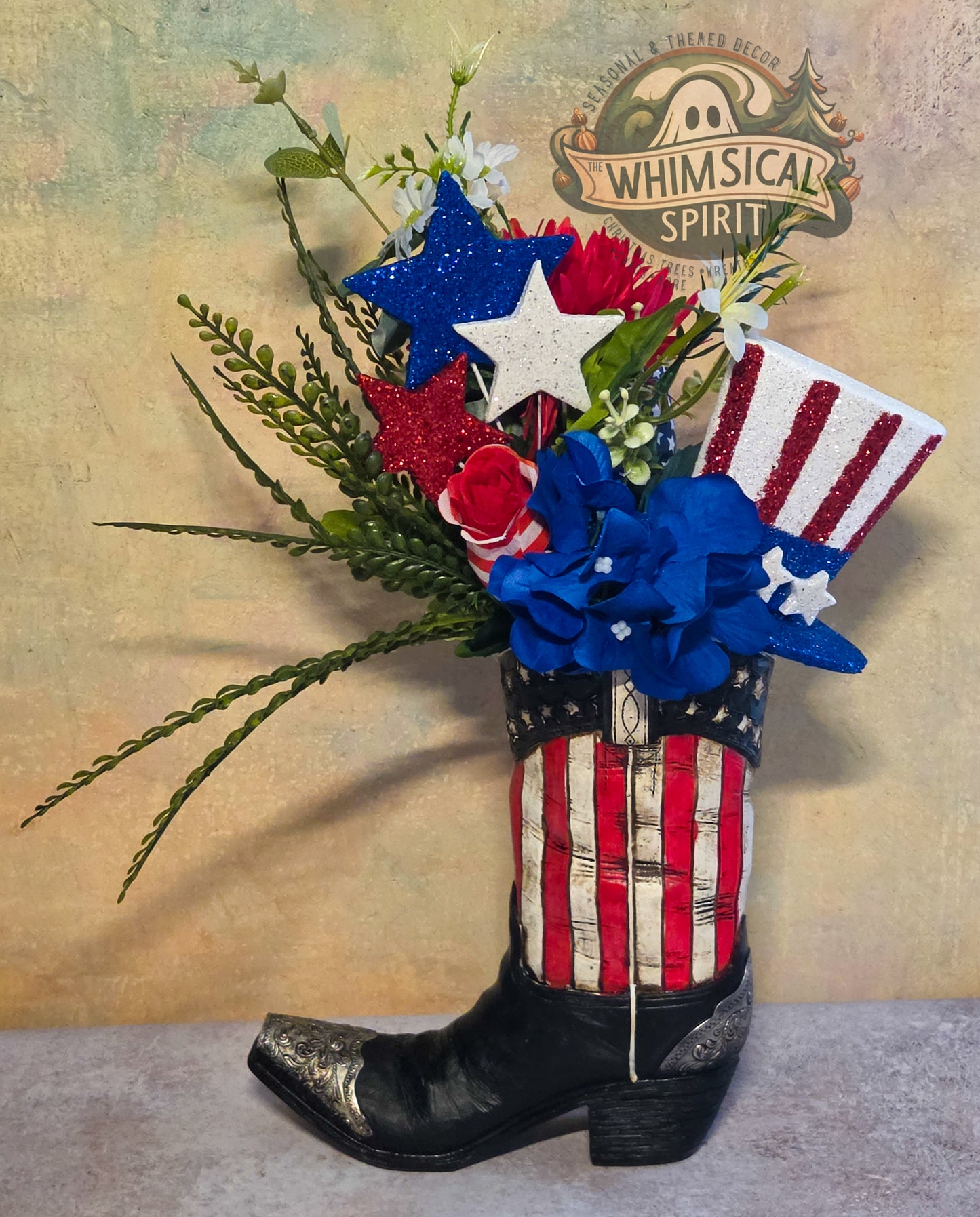 Stars & Spurs Garden - 4th of July America 250 Patriotic Cowboy Boot Centerpiece
