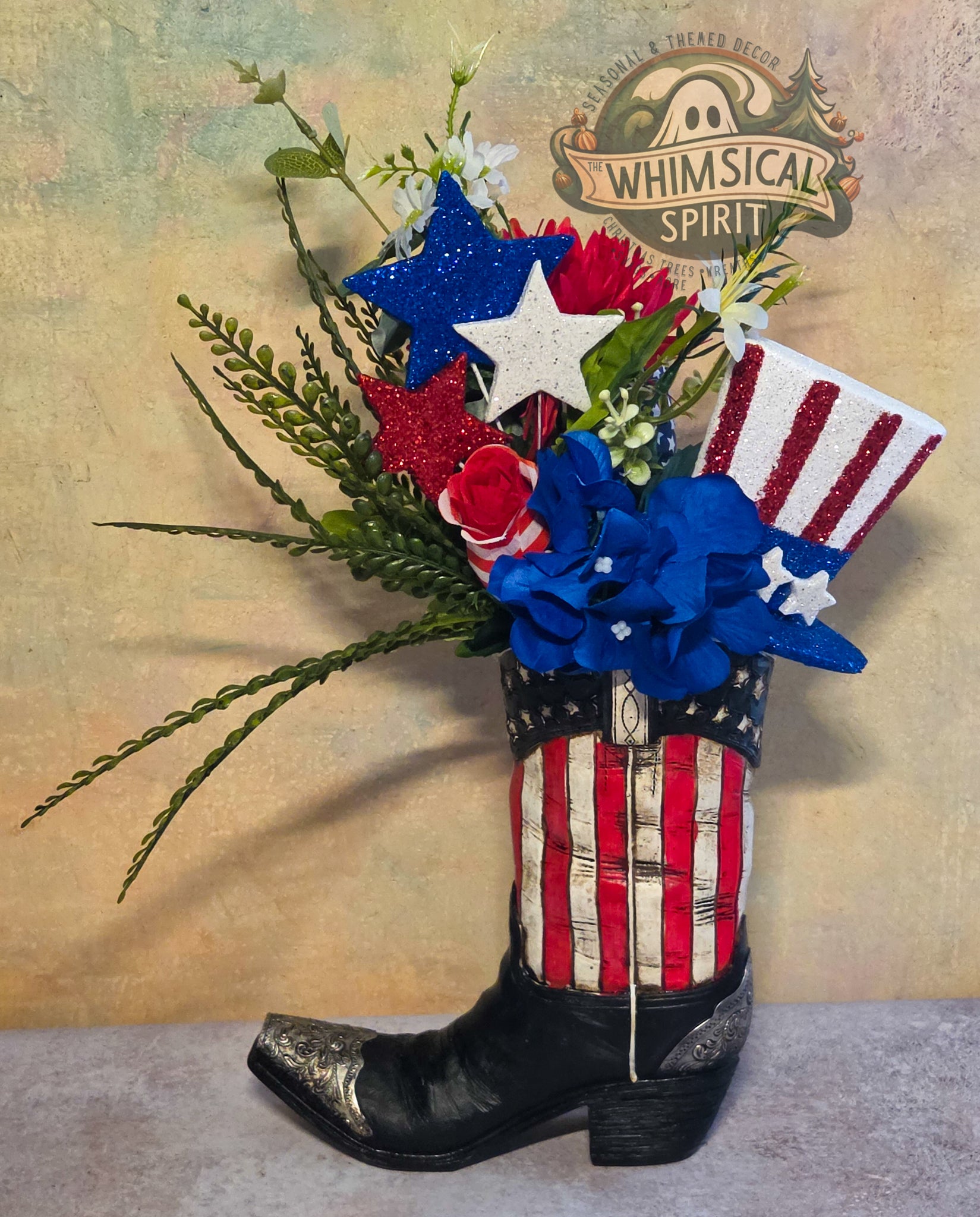 Stars & Spurs Garden - 4th of July America 250 Patriotic Cowboy Boot Centerpiece