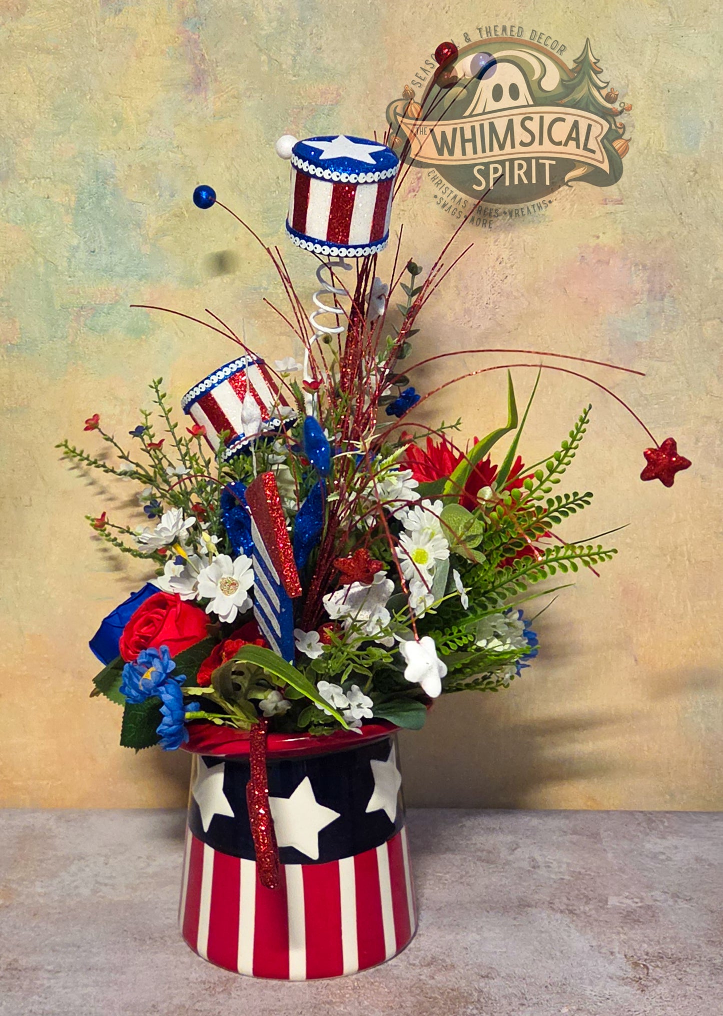 Stars & Stripes Spectacle - 4th of July Patriotic Top Hat Tabletop Centerpiece