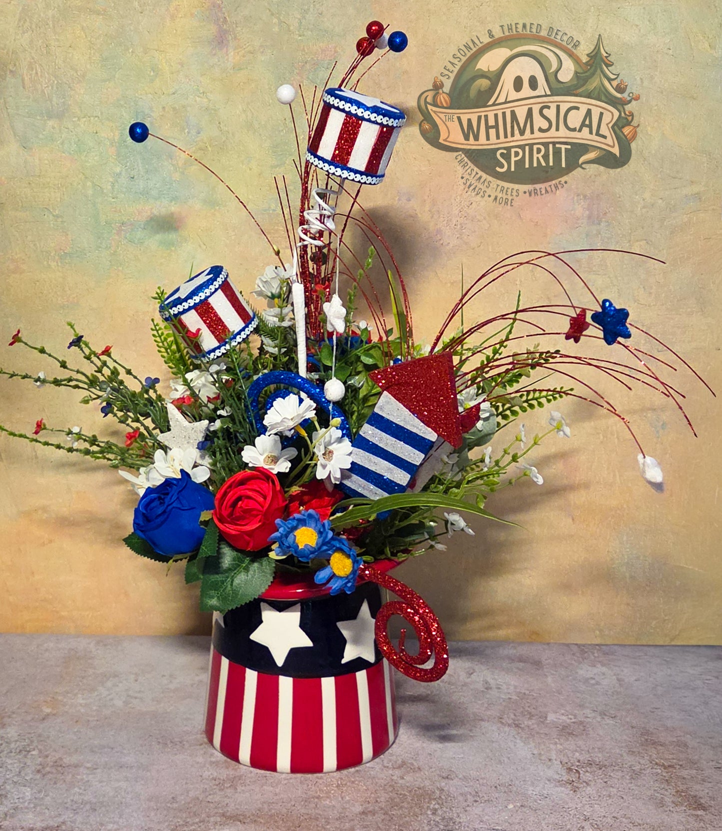 Stars & Stripes Spectacle - 4th of July Patriotic Top Hat Tabletop Centerpiece