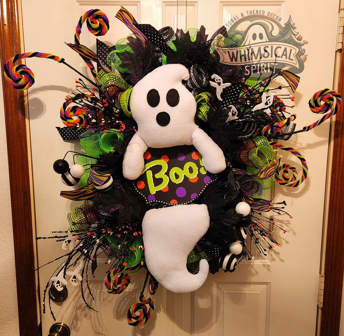 Sugar Spook - Halloween Ghost Welcome Evergreen Wreath The Whimsical Spirit