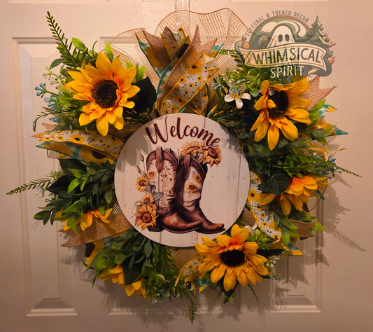 Sunlit Homestead Hello - Sunflower Cowboy Booth Everyday Welcome Wreath