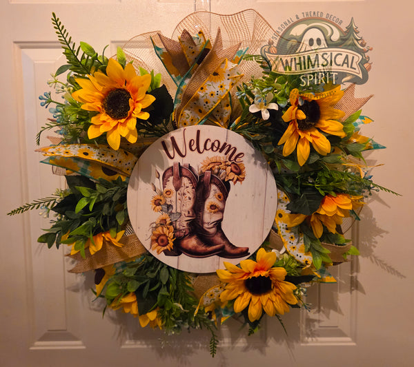 Sunlit Homestead Hello - Sunflower Cowboy Booth Everyday Welcome Wreath