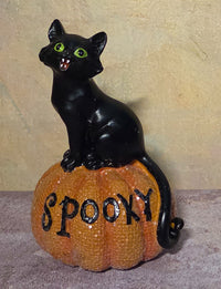 Sitting black cat with green eyes and a curled tail displayed on a round orange pumpkin labeled “Spooky.”