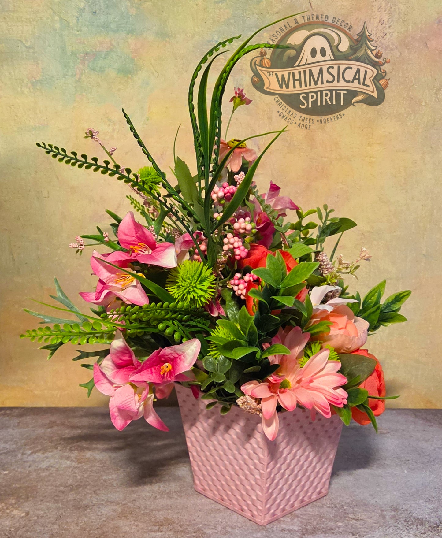 The Blushing Garden Basket - Pink Spring Floral Tabletop Centerpiece