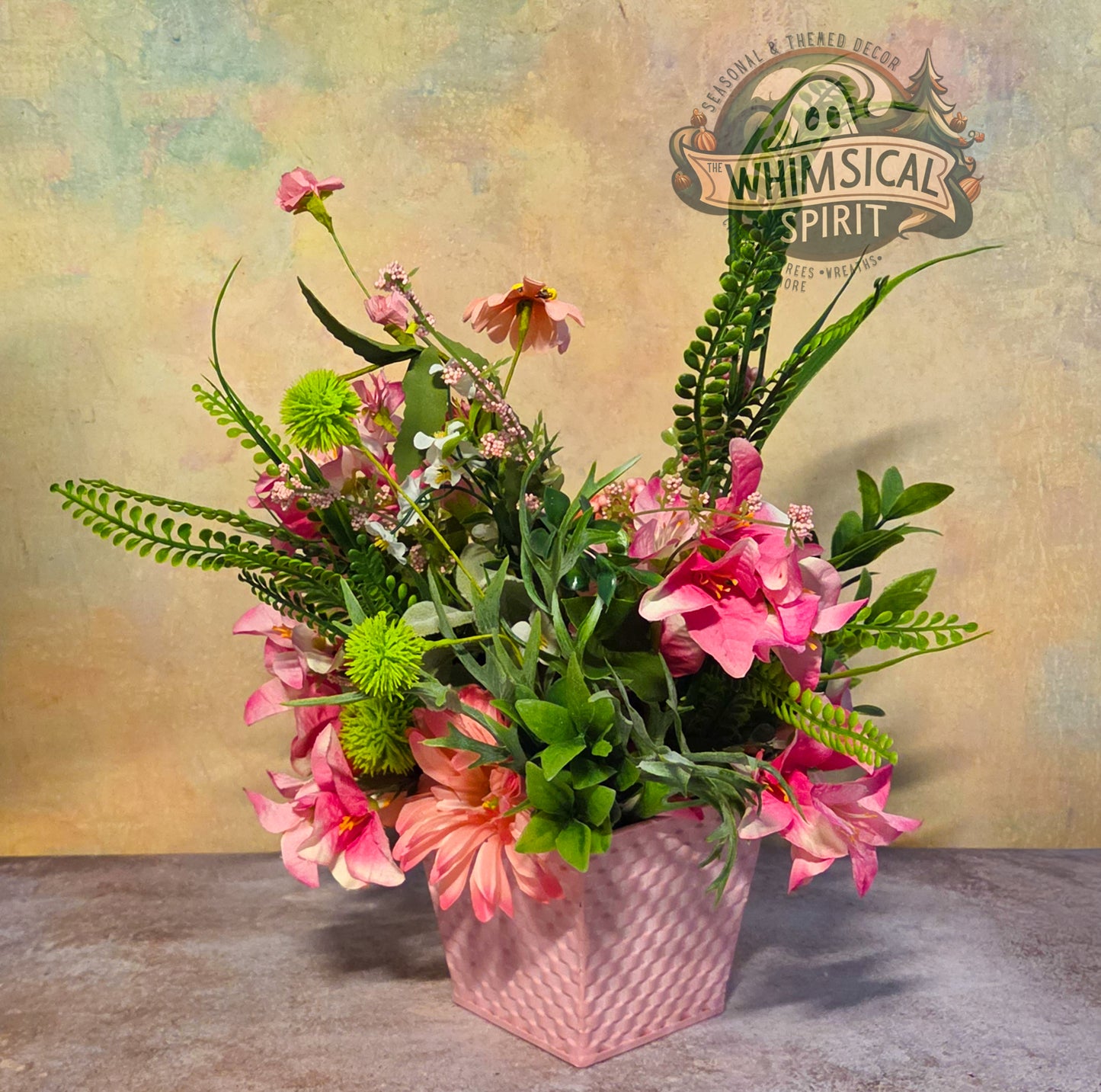 The Blushing Garden Basket - Pink Spring Floral Tabletop Centerpiece