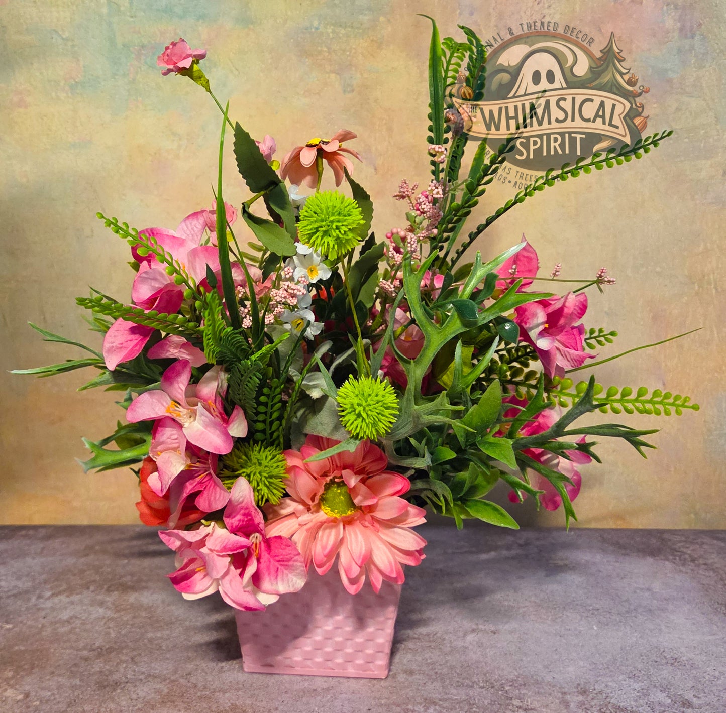The Blushing Garden Basket - Pink Spring Floral Tabletop Centerpiece