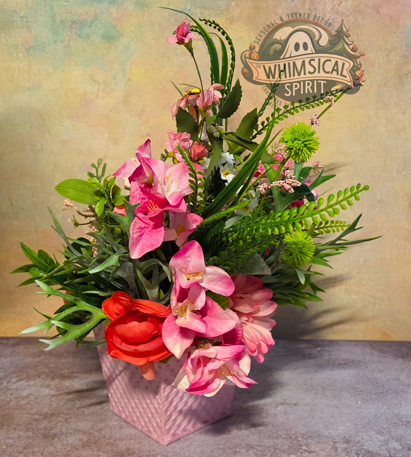 The Blushing Garden Basket - Pink Spring Floral Tabletop Centerpiece