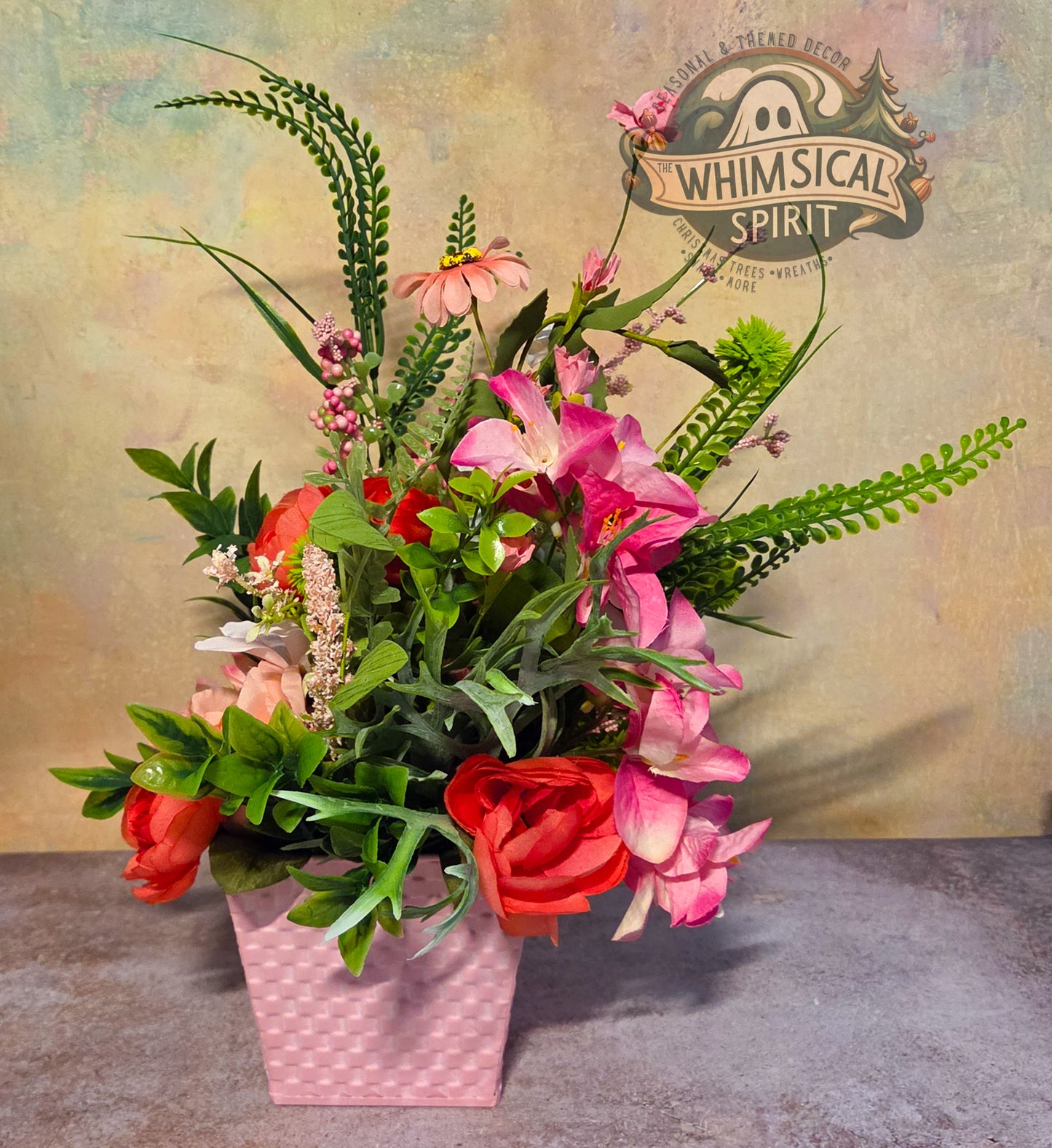 The Blushing Garden Basket - Pink Spring Floral Tabletop Centerpiece