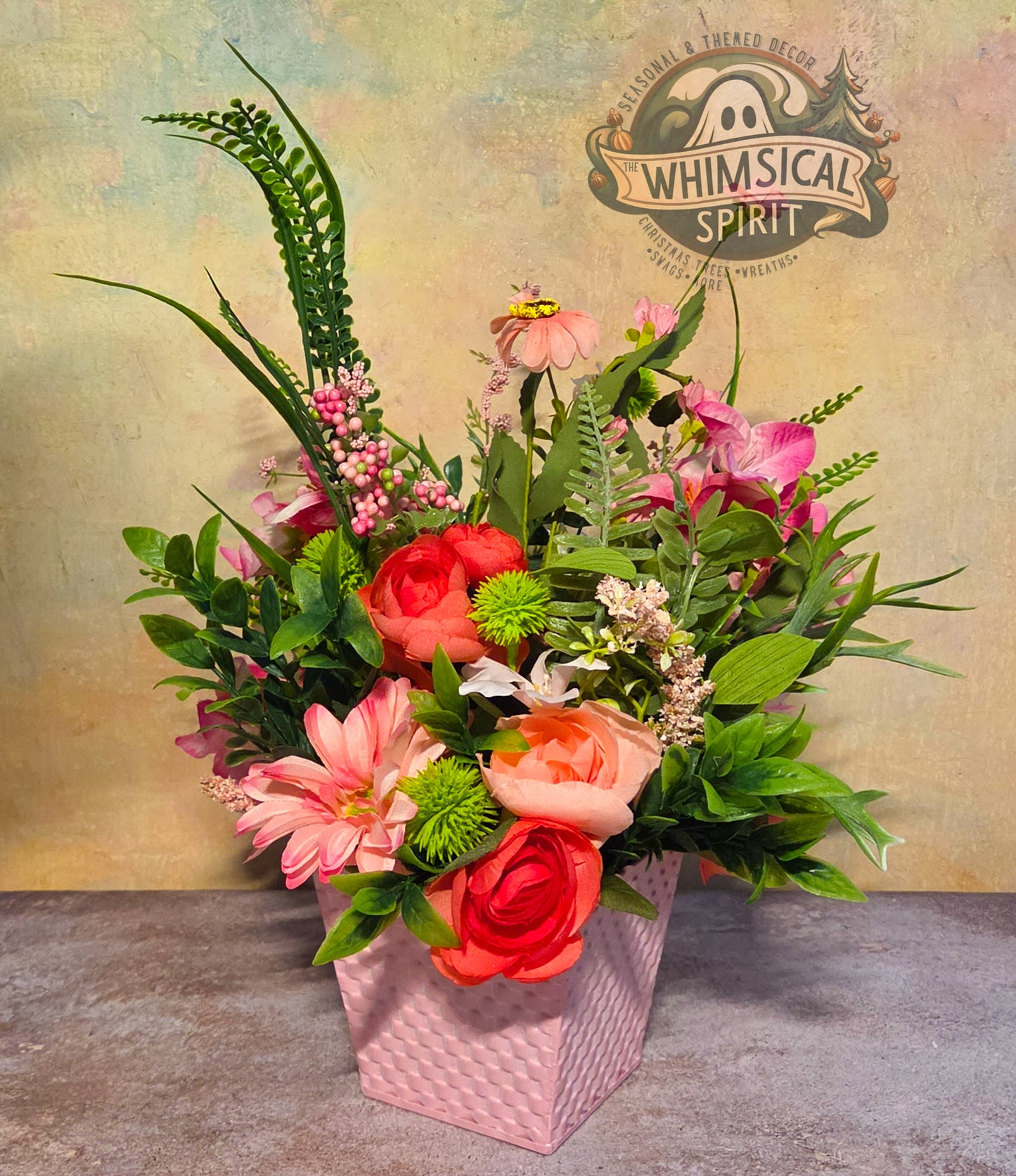 The Blushing Garden Basket - Pink Spring Floral Tabletop Centerpiece
