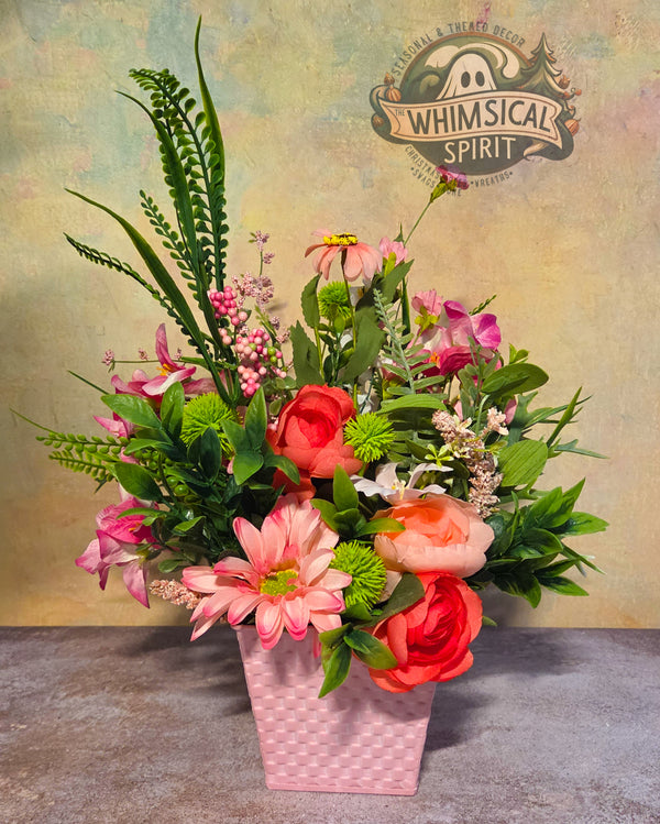 The Blushing Garden Basket - Pink Spring Floral Tabletop Centerpiece