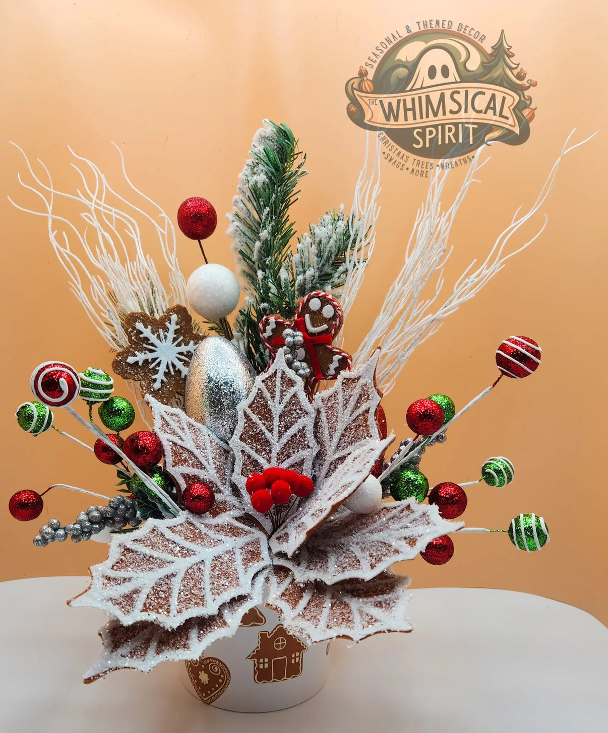 Frosted Confection - Christmas Gingerbread Evergreen Tabletop Centerpiece The Whimsical Spirit