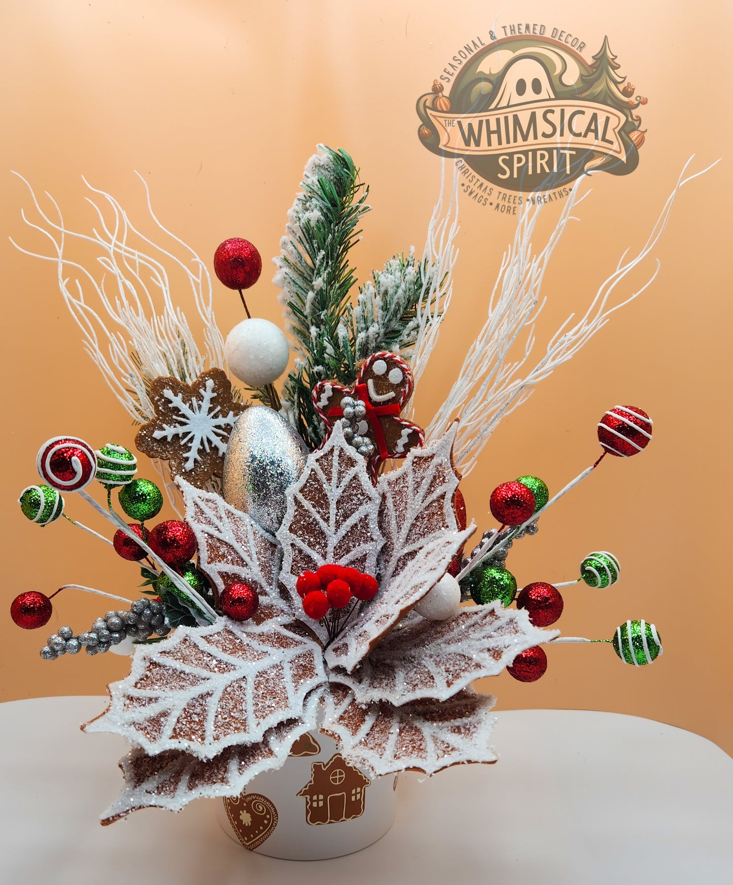 Frosted Confection - Christmas Gingerbread Evergreen Tabletop Centerpiece
