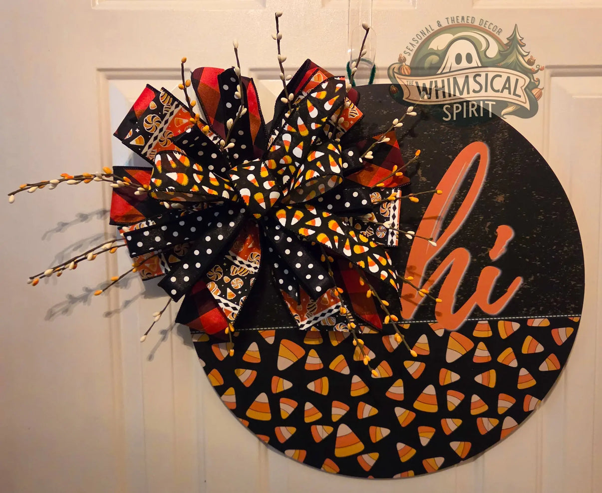 Trick-or-Treat Welcome | Halloween Candy Corn Door Hanger with Black & Orange Bow The Whimsical Spirit