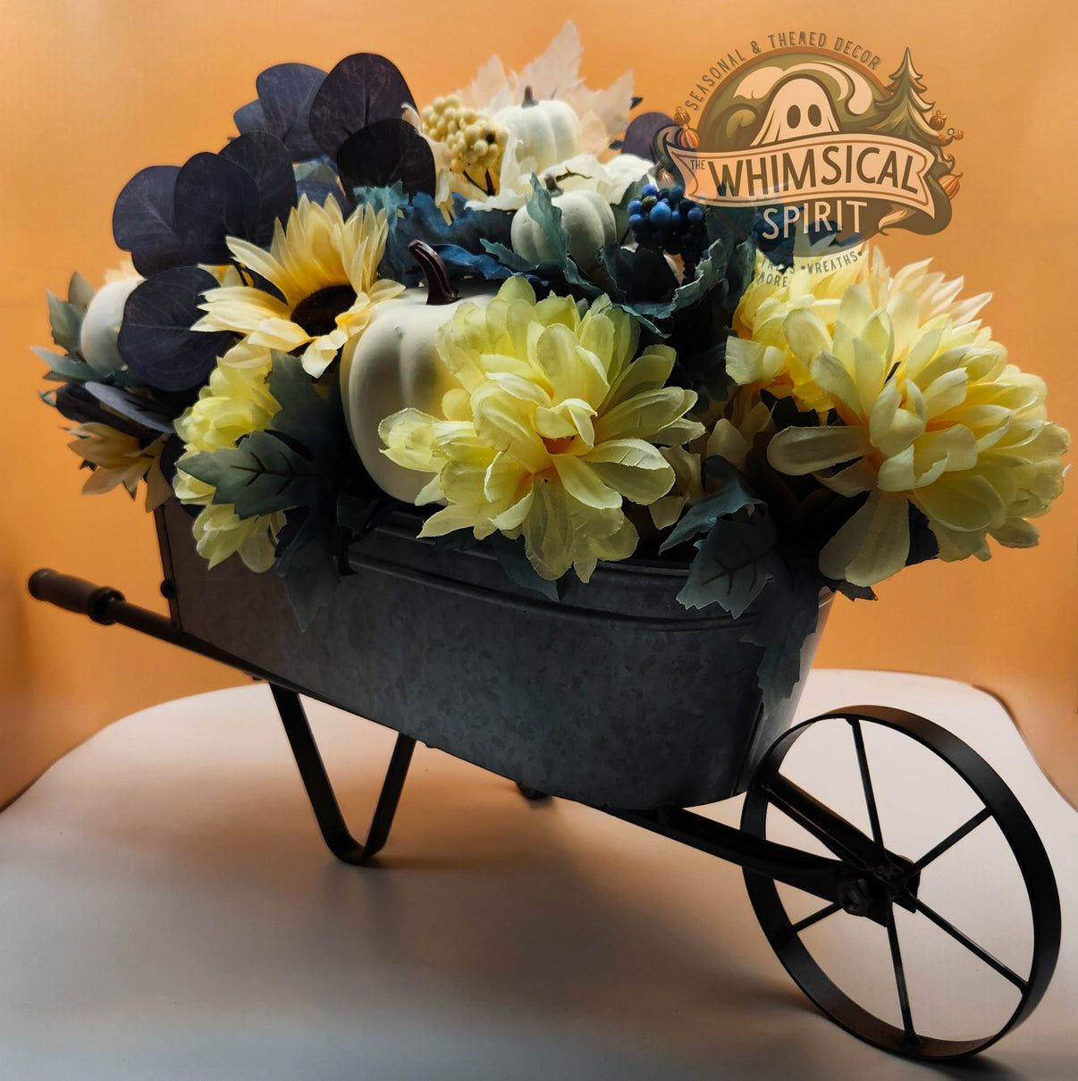 Willow & White - Ivory & Blue Fall Wheelbarrow Tabletop Centerpiece The Whimsical Spirit