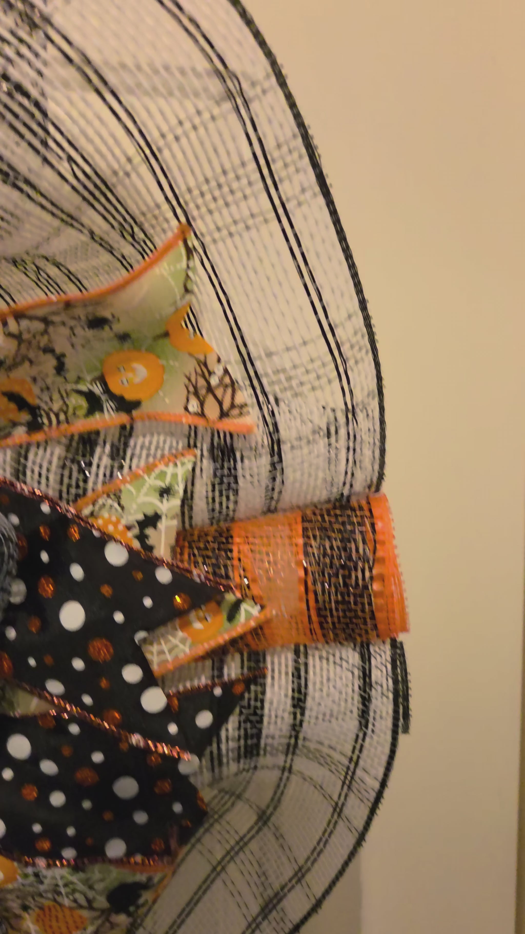 Video tour of the Knock If You Dare wreath showing the haunted-house sign, layered mesh, and Halloween ribbon details.