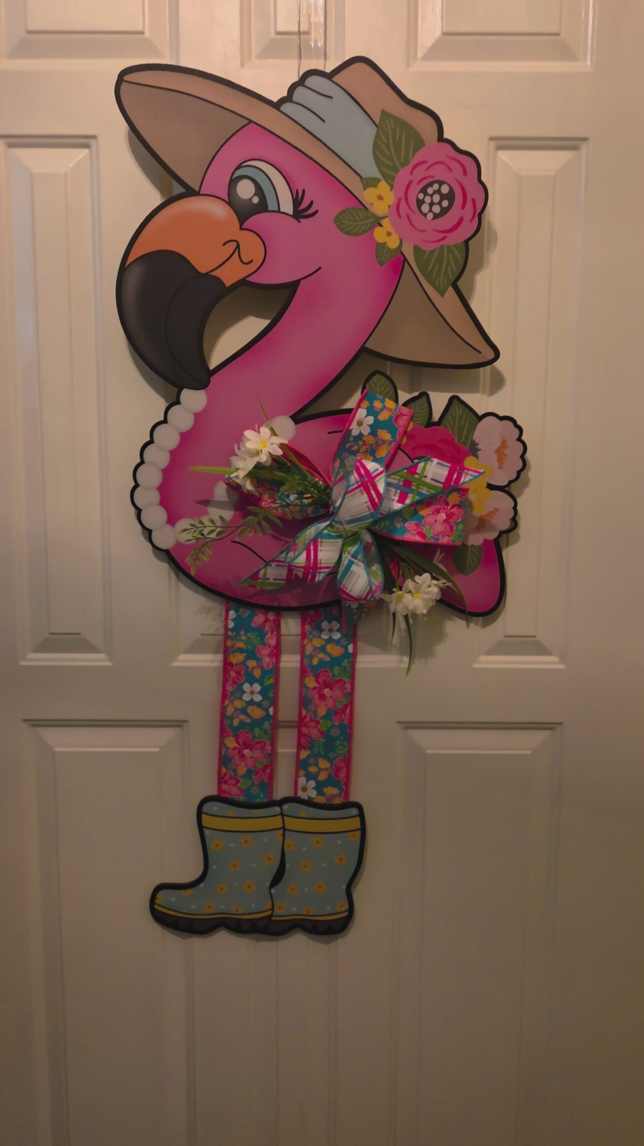 Flamingo Garden Stroll - Tropical Summer Flamingo Doorhanger with Bow