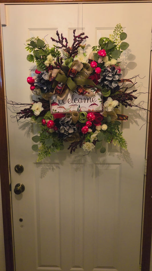 Toadstool Hollow Welcome - Mushroom Woodland Themed Front Door Wreath