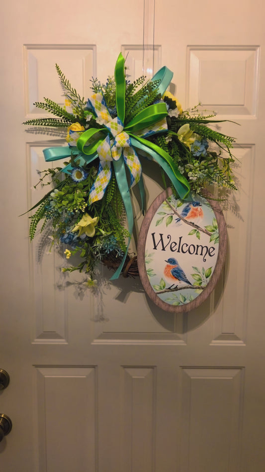 Spring Songbird Entry - Welcome Bluebird Grapevine Wreath